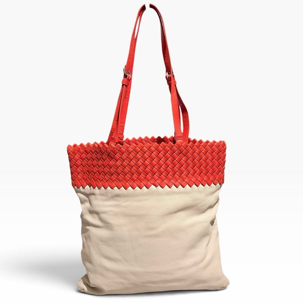 Bottega Veneta Cesta Leather Tote Bag Red Intrecciato Woven Cream Leather